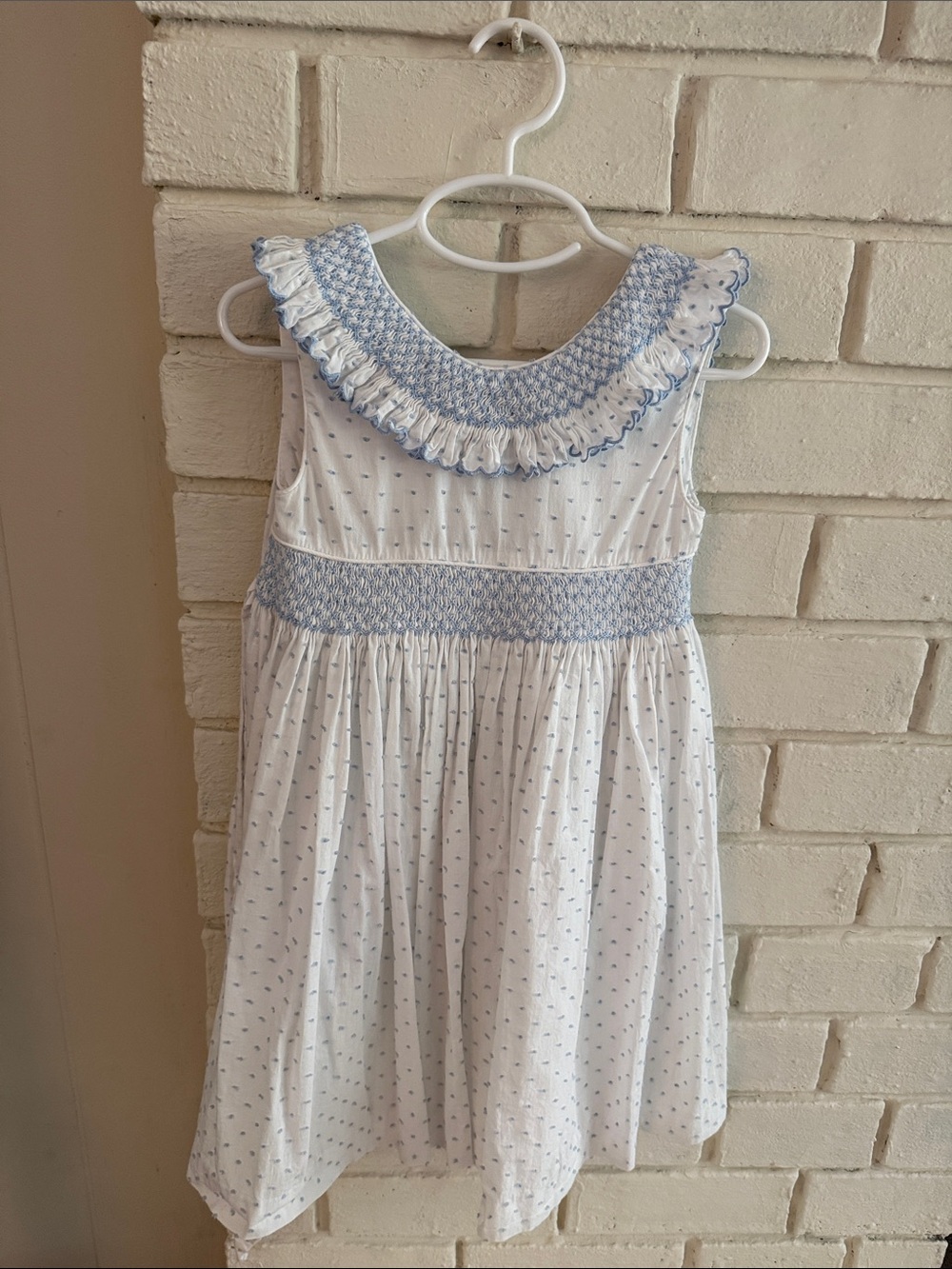 Edgehill Collection White Dress with Light Blue Smocking